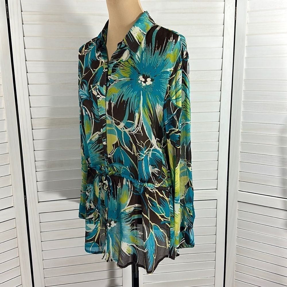 Chico's Silk Tropical Brown & Blue Floral Tunic Top Size 2 (12) LIKE NEW - Picture 7 of 14